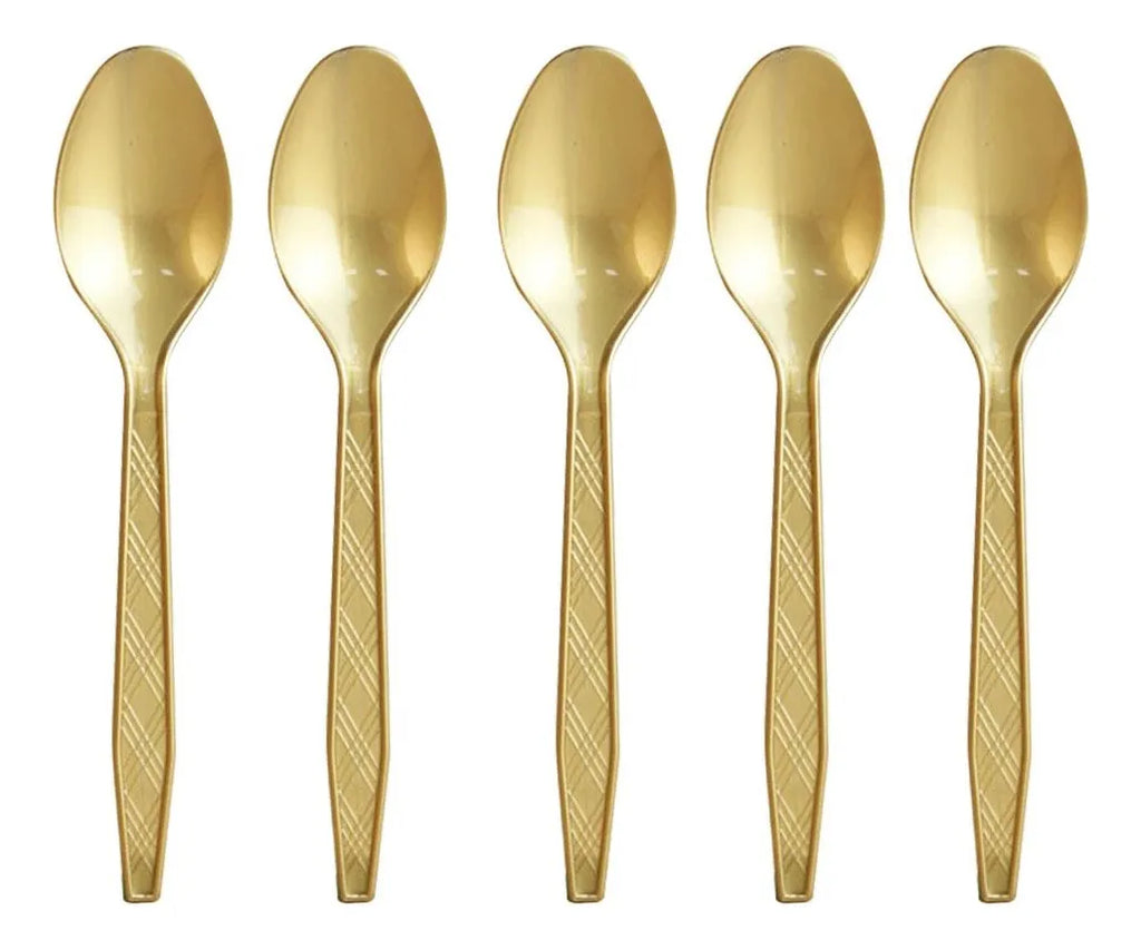 Cucharas Desechables Plásticas 12 Uds Mango Dorado Para Postres y Fiestas