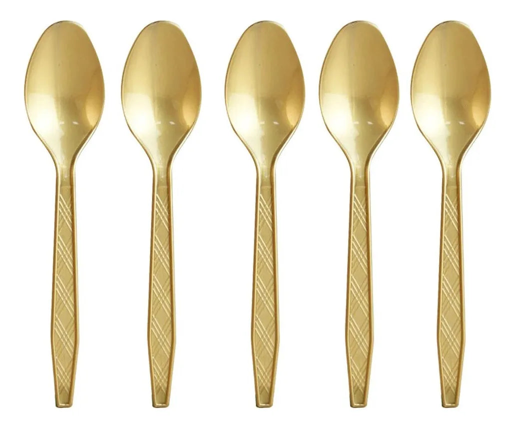Cucharas Desechables Plásticas 12 Uds Mango Dorado Para Postres y Fiestas