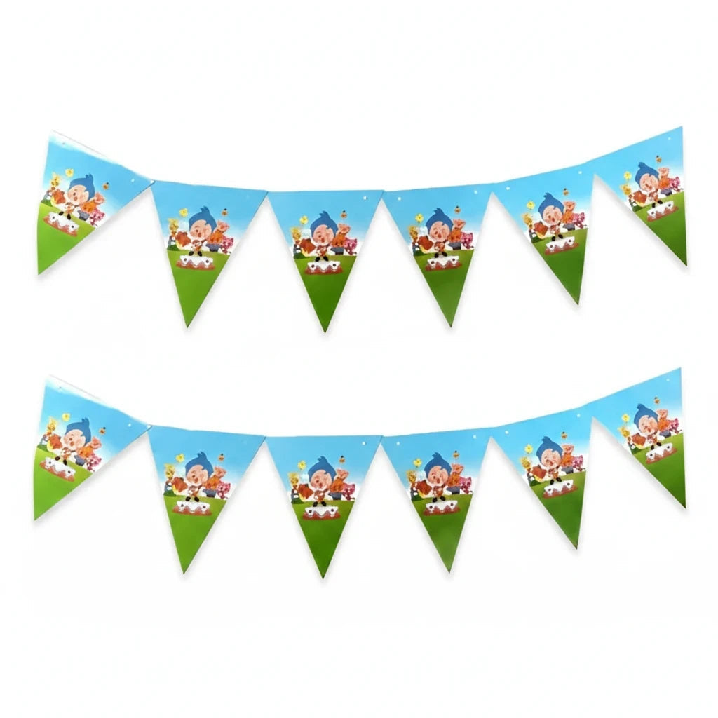 Importadora Acacia Payaso Plim Plim birthday bunting banner with blue and green triangular flags for kids parties