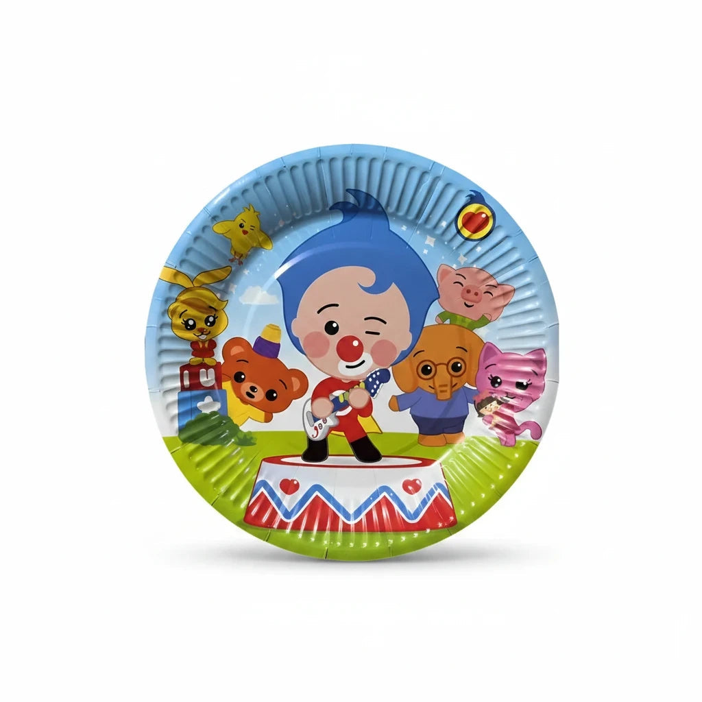 Importadora Acacia pack of 10 round cardboard party plates featuring Plim Plim the clown and friends for birthdays.