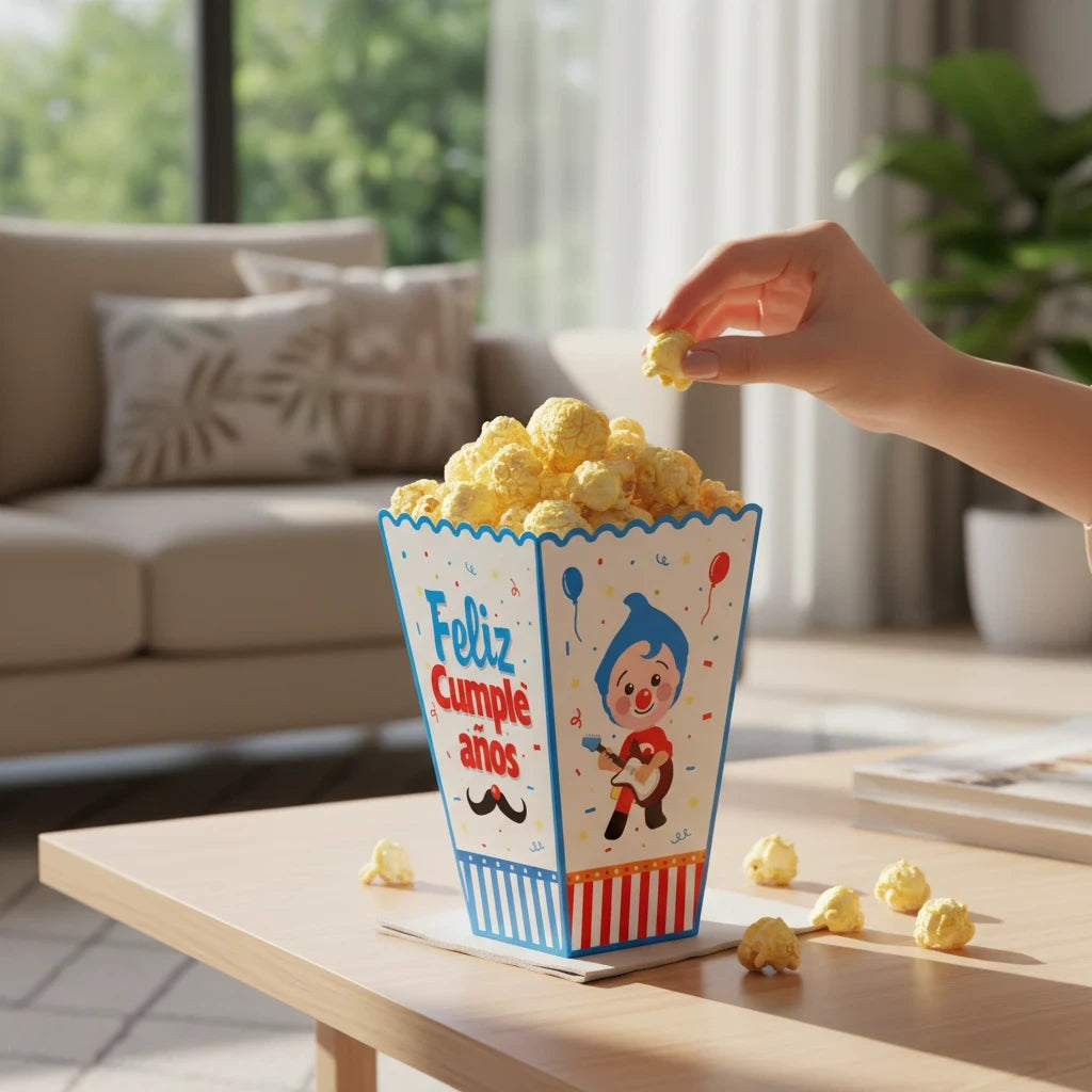 Importadora Acacia Plim Plim cardboard popcorn box with blue and white birthday design filled with popcorn
