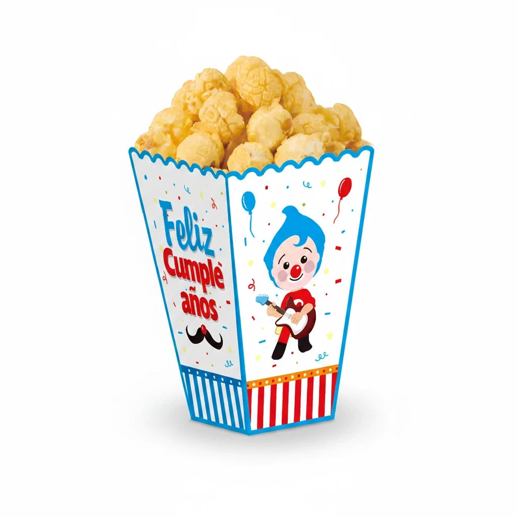 Importadora Acacia Plim Plim themed popcorn box in blue and white with birthday graphics filled with popcorn