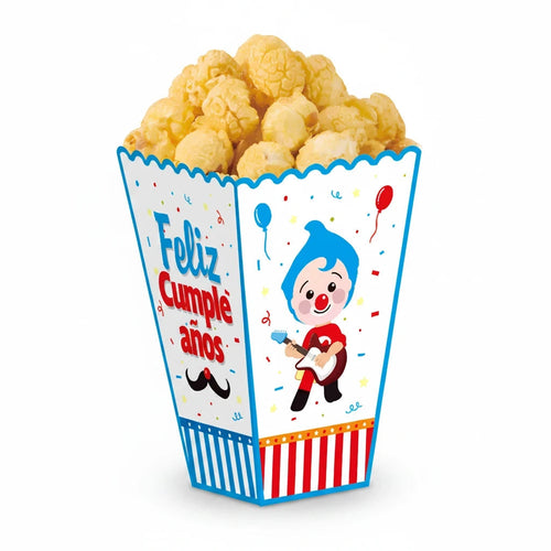 Importadora Acacia Plim Plim themed cardboard popcorn box with Feliz Cumpleaños text and colorful party graphics