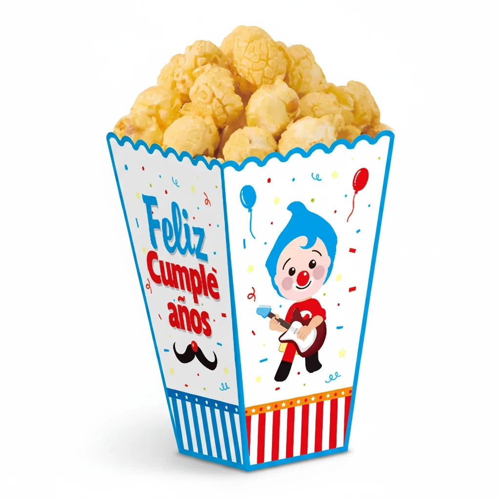 Importadora Acacia cardboard popcorn box featuring Plim Plim, balloons, and Feliz Cumpleaños text for kids parties.