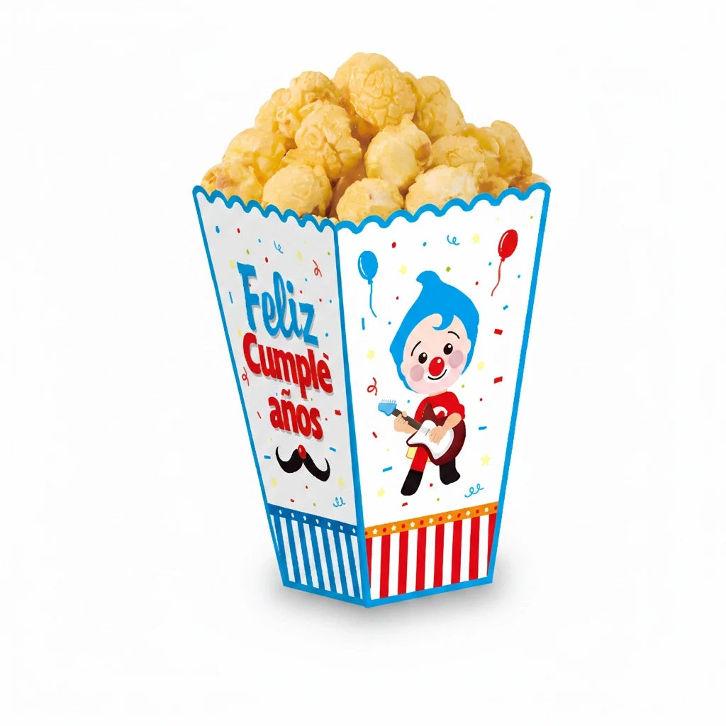 Importadora Acacia cardboard popcorn box featuring Plim Plim playing guitar with Feliz Cumpleaños text