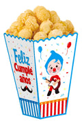 Importadora Acacia Plim Plim themed cardboard popcorn box with Feliz Cumpleaños text and colorful party graphics