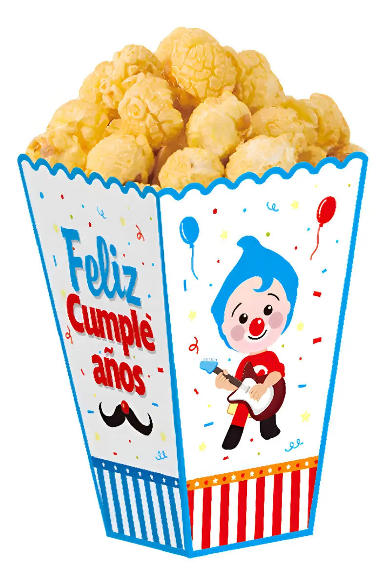 Importadora Acacia Plim Plim themed cardboard popcorn box with Feliz Cumpleaños text and colorful party graphics