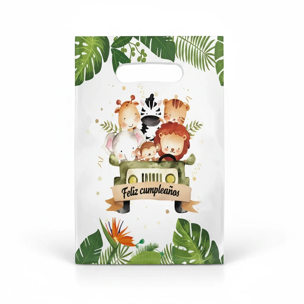 Importadora Acacia pack of 10 safari birthday party favor bags with cute jungle animals in a jeep illustration