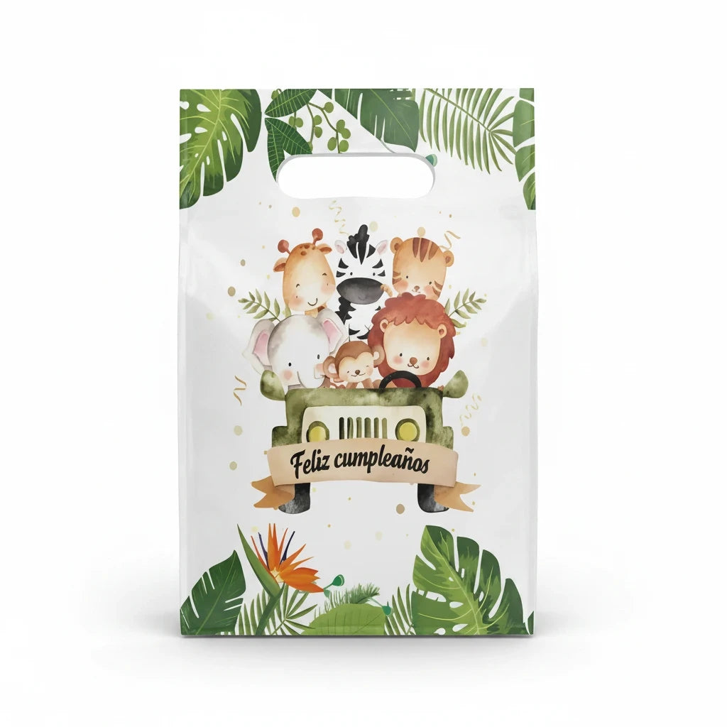 Importadora Acacia pack of 10 safari birthday party favor bags with cute watercolor jungle animals in a jeep