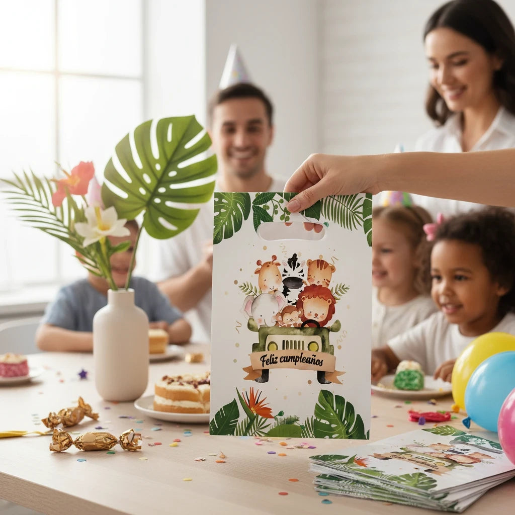 Importadora Acacia safari themed birthday gift bag with cute jungle animal illustration held at a children party